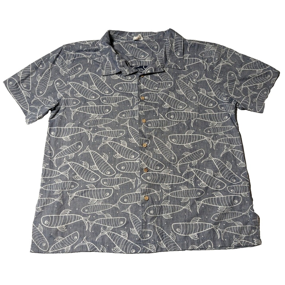 BAREFOOT‎ IN PARADISE Men Size XL Blue FISH AOP Button-Up Shirt